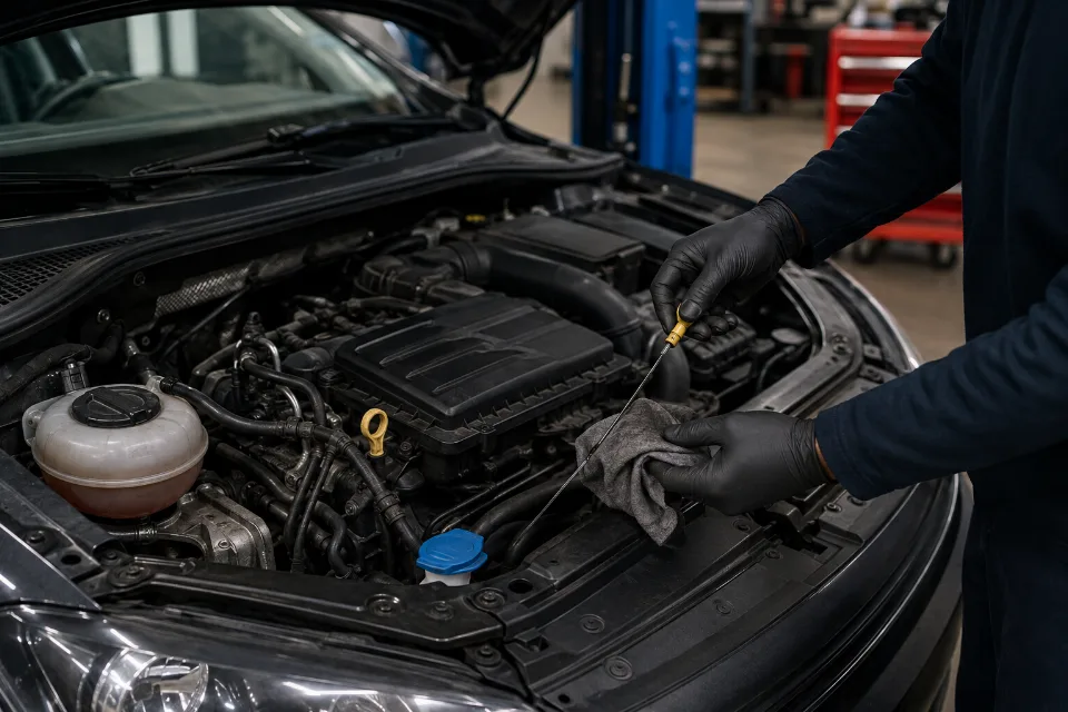 Technician inspecting the engine of a European compact car