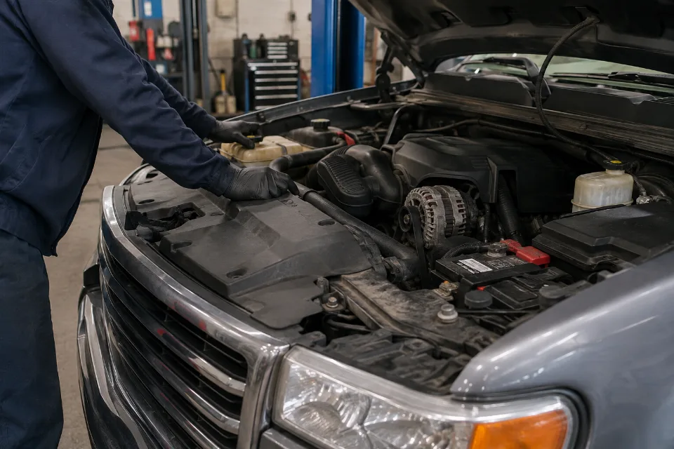 Technician inspecting belts, fluids and battery during preventive maintenance